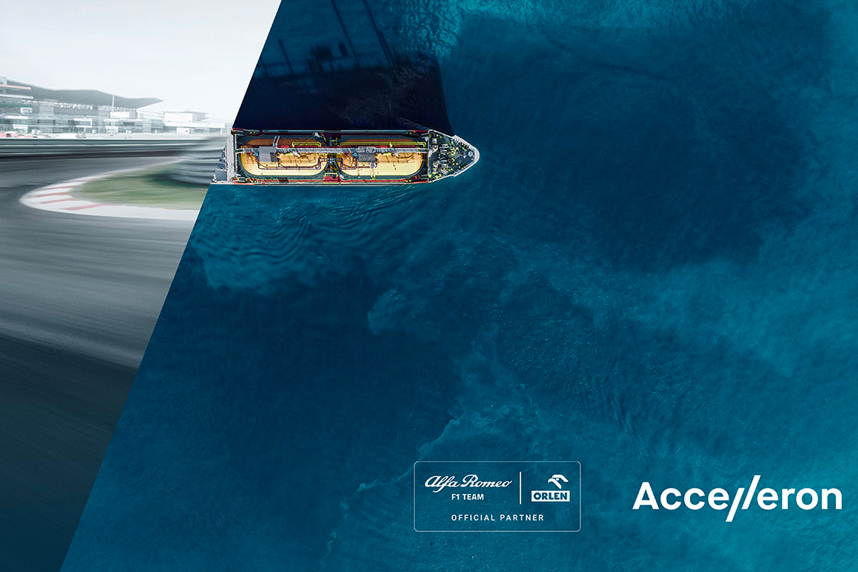 An image showing a racing track and ocean liner to highlight how F1 team Sauber are working in partnership with Accelleron