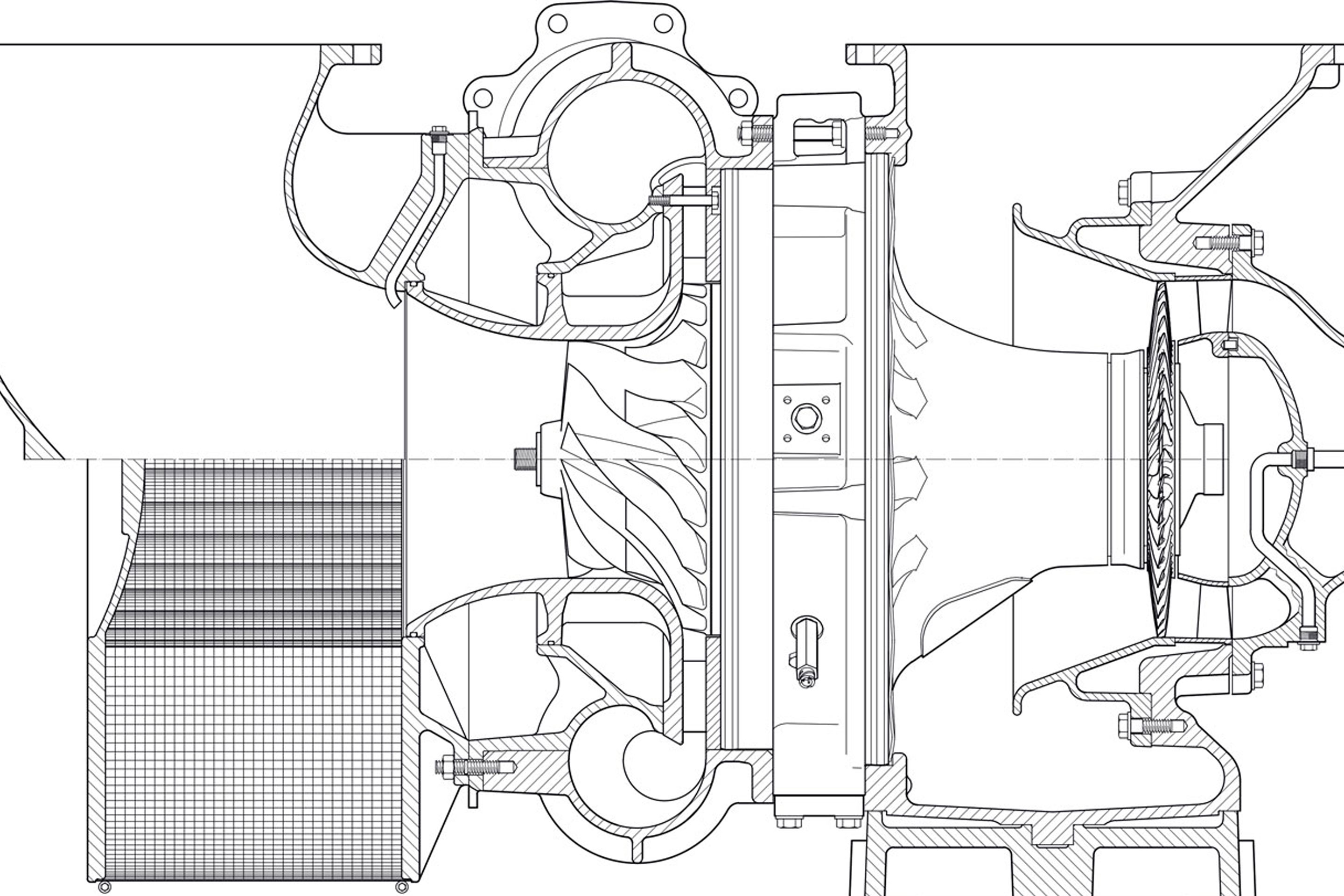A technical drawing of the ABB TPL69-A10 turbocharger and turbine hood