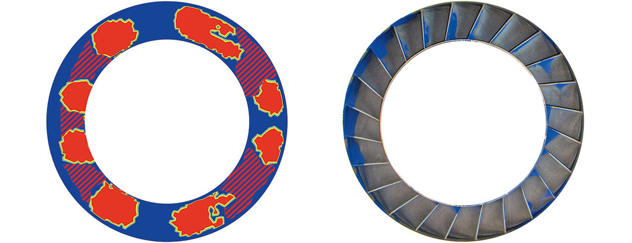 Water distribution on a nozzle ring. Left: result of a computer simulation (in red/hatched: cleaned area). Right: experimental results. The blue paint denotes the non-washed regions. The results correspond with the cleaning effects in the field